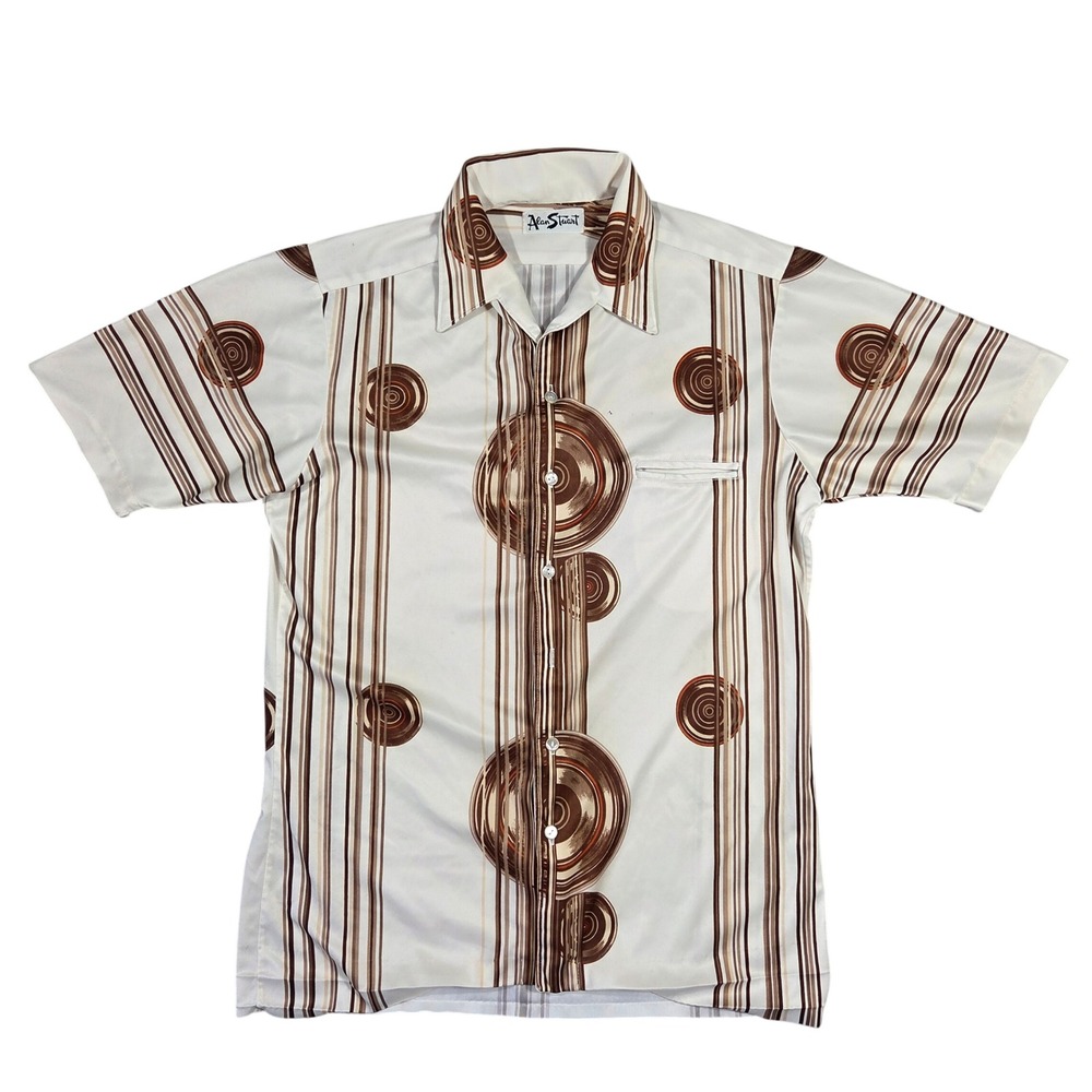 Vintage Alan Stuart Mens Retro Geometric Stripe Short Sleeve‎ Skater Grunge Punk